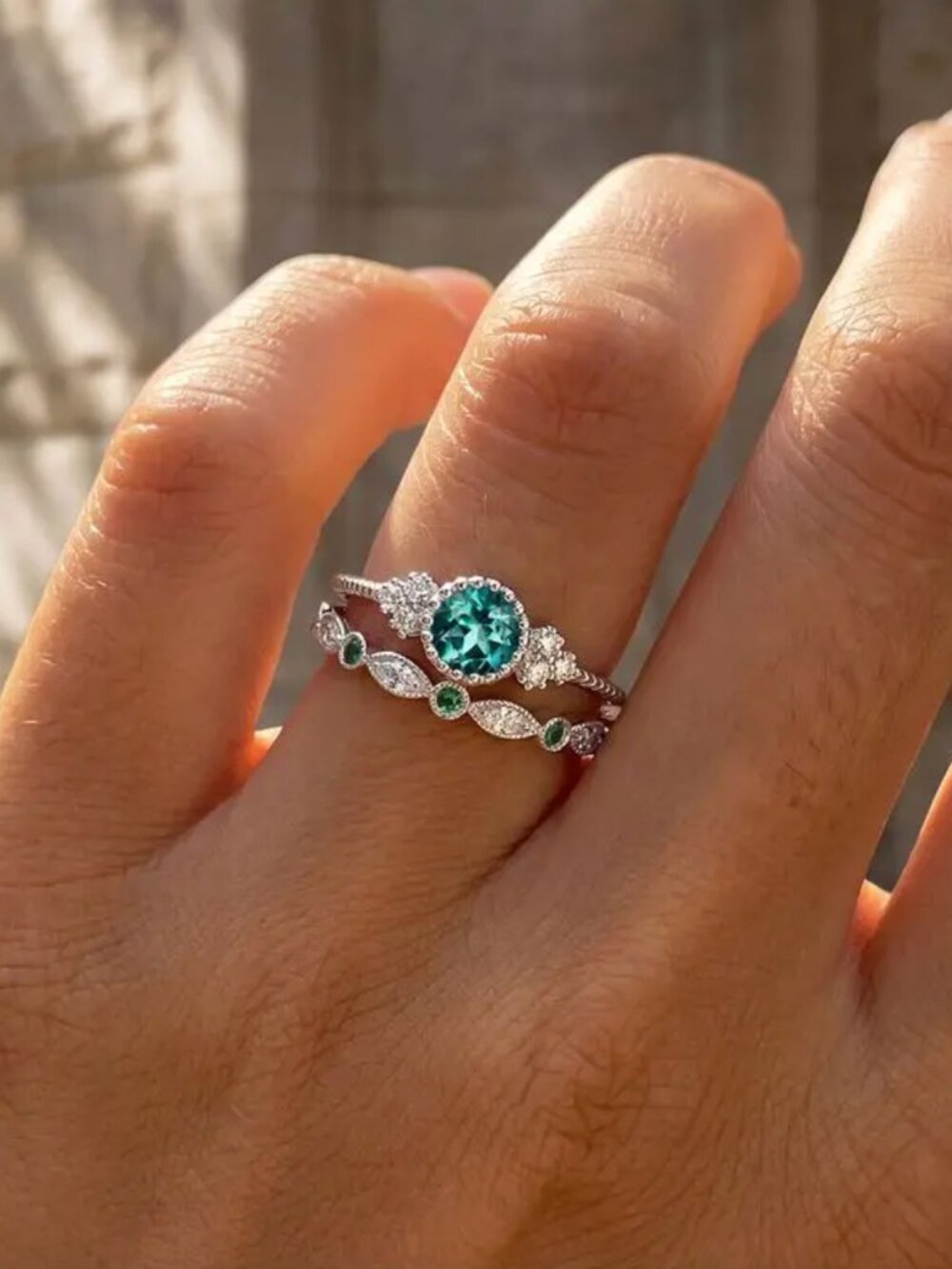 18k White Gold Emerald Ring Band Set of 2 Rings Emerald Green Ring Dainty Ring
